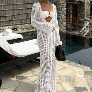 White Women's Sexy Hollow Out Long Sleeve Maxi Cruise Cover Up Dress
